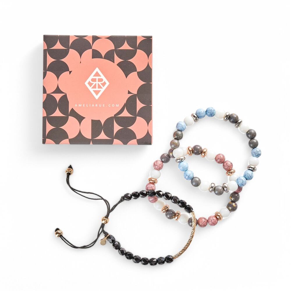 Amelia Rue Kinsley 3-Piece Bracelet Set Beaded Stretch and Adjustable